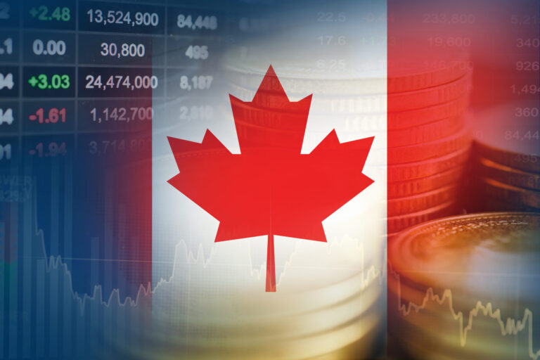 Canada flag with stock market finance, economy trend graph digit