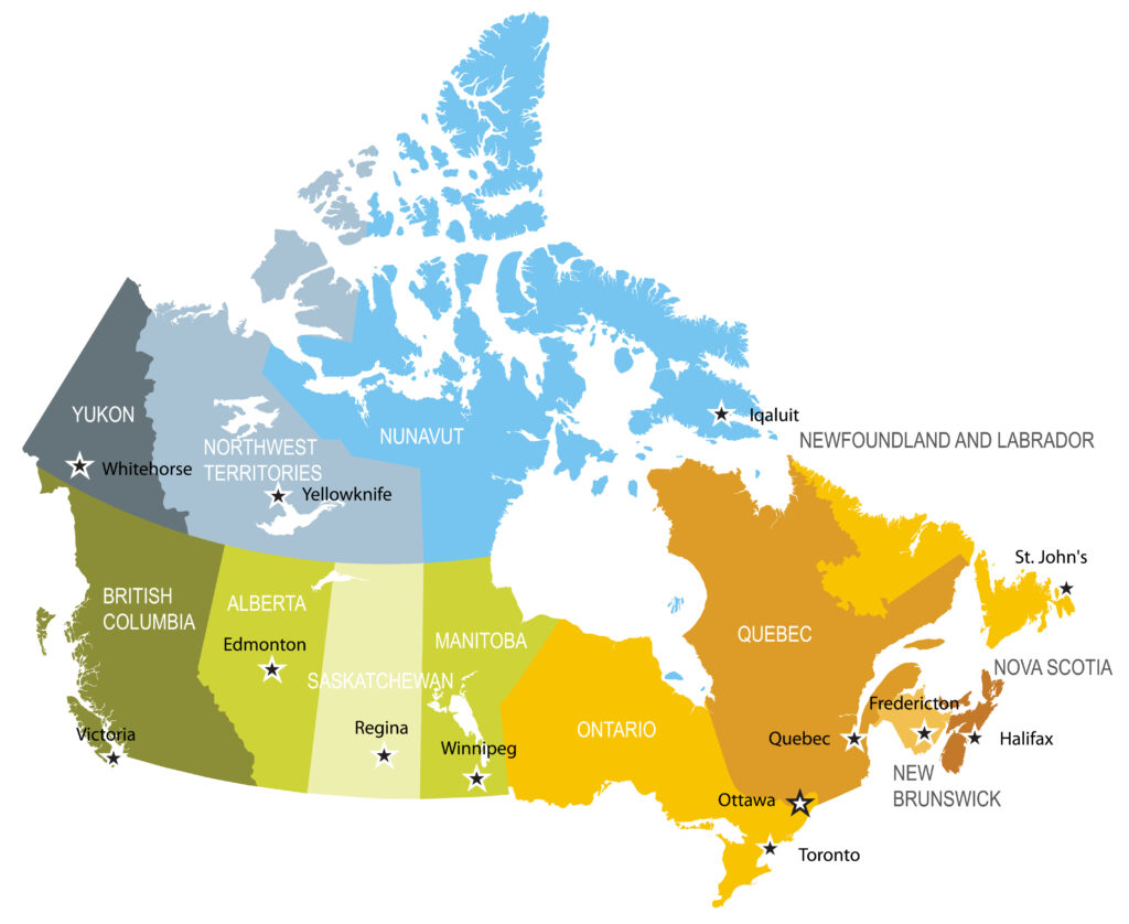 خريطة كندا مع الأقاليم و المقاطعات الكندية