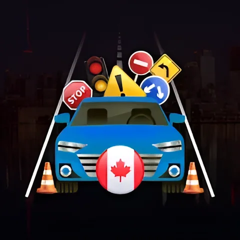صورة سيارة زرقاء امامها علم كندا بشكل دائرة وخلف السيارة بعض من لوحات وعلمات المرور واشارة مرور