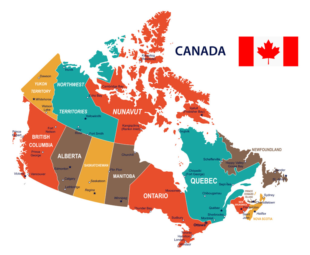 خريطة كندا مع أسماء المقاطعات و العلم الكندي