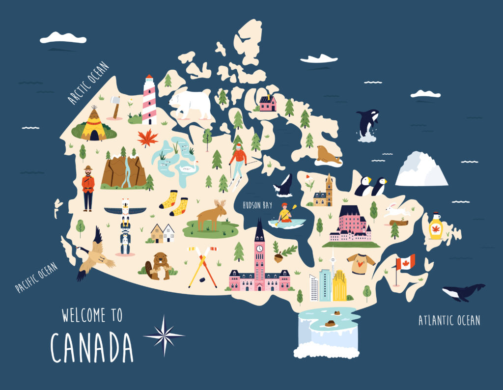 خريطة كندا مع رموز من الثقافة الكندية