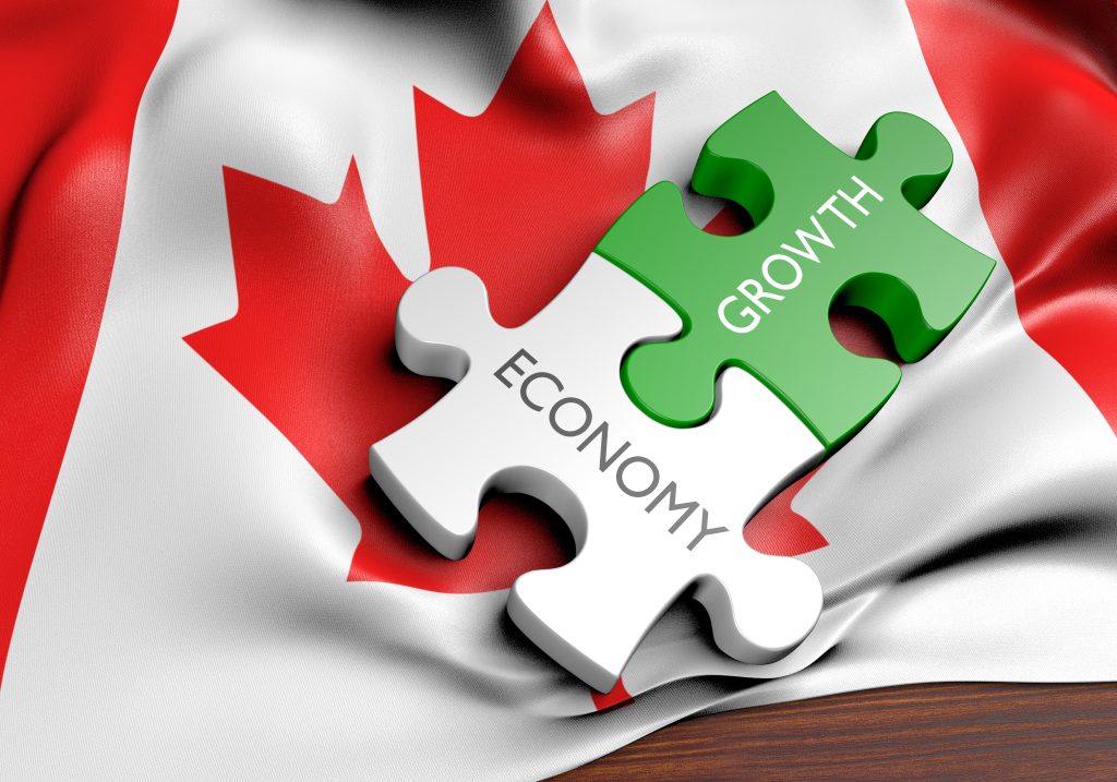 قطع اللغز التي تحمل عنوان "الاقتصاد" و"النمو" تتلاءم مع العلم الكندي الملوح، مما يرمز إلى تجميع التقدم الاقتصادي في كندا.
