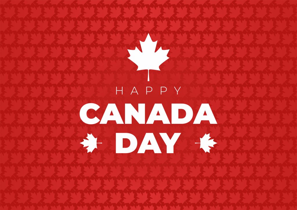 خلفية حمراء مع القيقب الكندي وعبارة مكتوب فيها يوم كندا