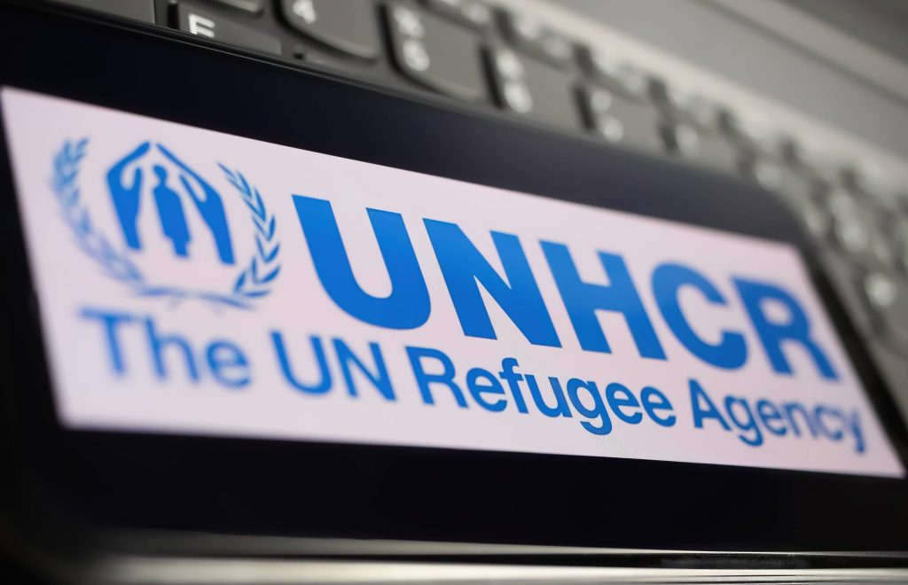 علامة منظمة الأمم المتحدة مع الشعار معروض بشكل بارز باللونين الأزرق والأبيض.