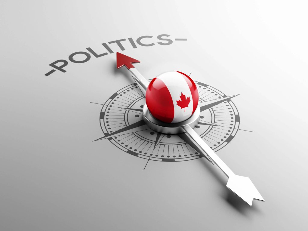 بوصلة عليها العلم الكندي تشير إلى كلمة "سياسة".
