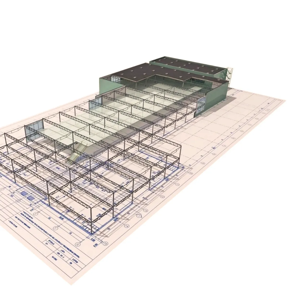 A 3D architectural model of a building structure with a grid frame and some solid sections.
