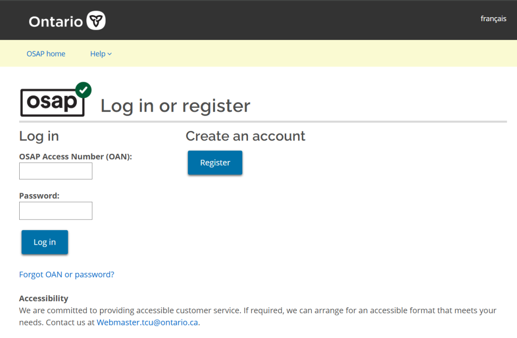 Screenshot of the official OSAP application portal where students create their accounts.

