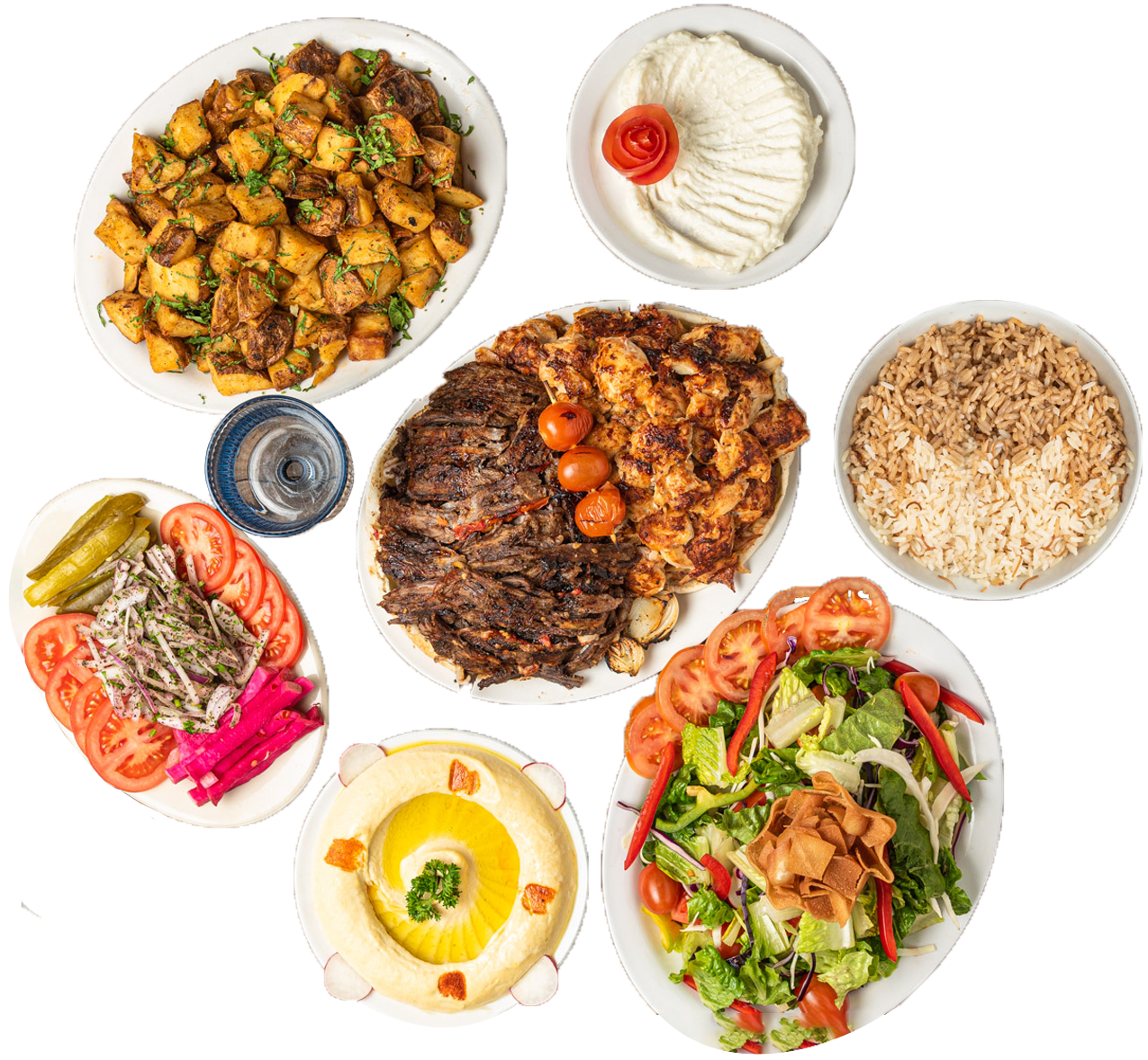 Shawarma Palace family platter with shawarma, rice, hummus, salad and potatoes
