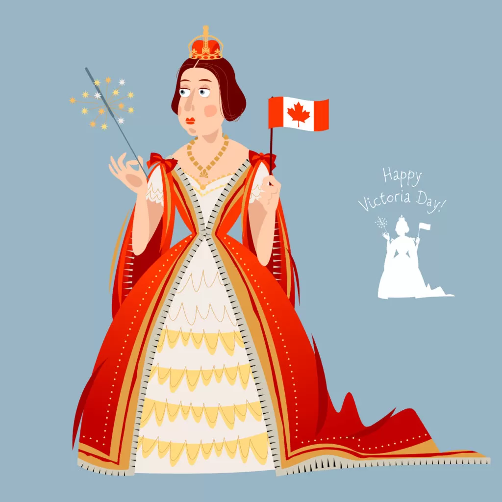 رسمة كرتونية تظهر فيها ملكة فكتوريا وبيدها علم كندا مع عبارة يوم فكتوريا سعيد